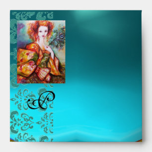 ROMANTIC WOMAN WITH SPARKLING PEACOCK FEATHER ENVELOPES