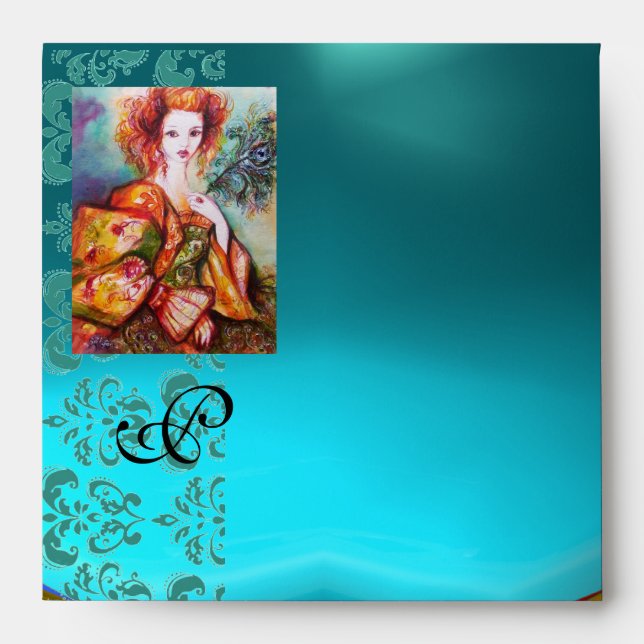 ROMANTIC WOMAN WITH SPARKLING PEACOCK FEATHER ENVELOPES (Front)