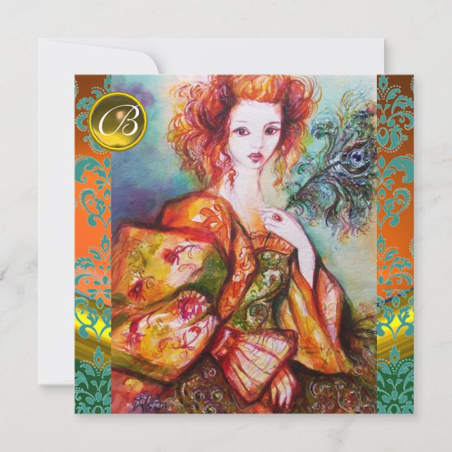 ROMANTIC WOMAN WITH SPARKLING PEACOCK FEATHER INVITATION (Front)