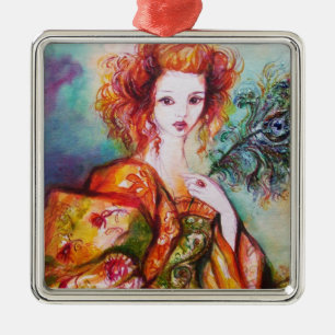 ROMANTIC WOMAN WITH SPARKLING PEACOCK FEATHER METAL TREE DECORATION