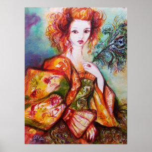 ROMANTIC WOMAN WITH SPARKLING PEACOCK FEATHER POSTER