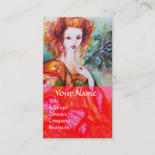 ROMANTIC WOMAN WITH SPARKLING PEACOCK FEATHER Red Business Card