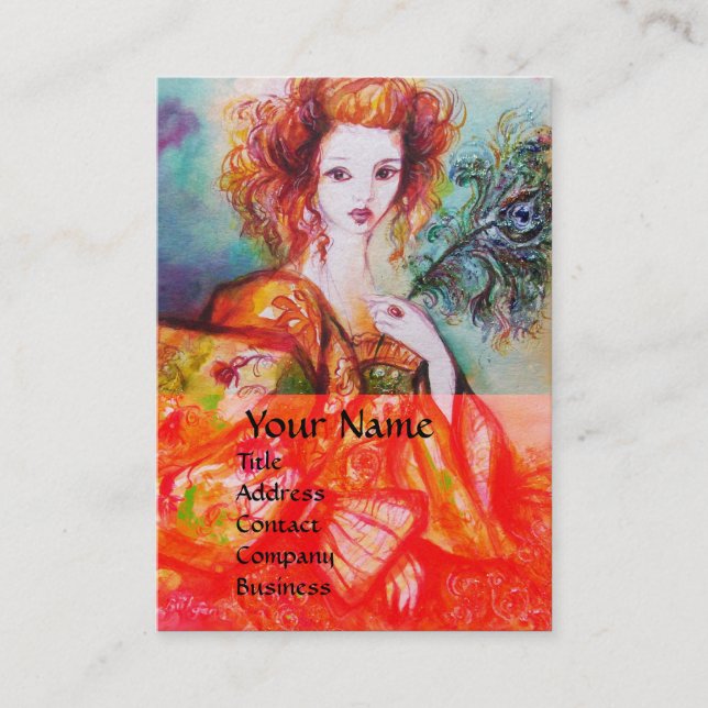 ROMANTIC WOMAN WITH SPARKLING PEACOCK FEATHER Red Business Card (Front)