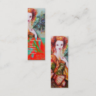 ROMANTIC WOMAN WITH SPARKLING PEACOCK FEATHER Red Mini Business Card