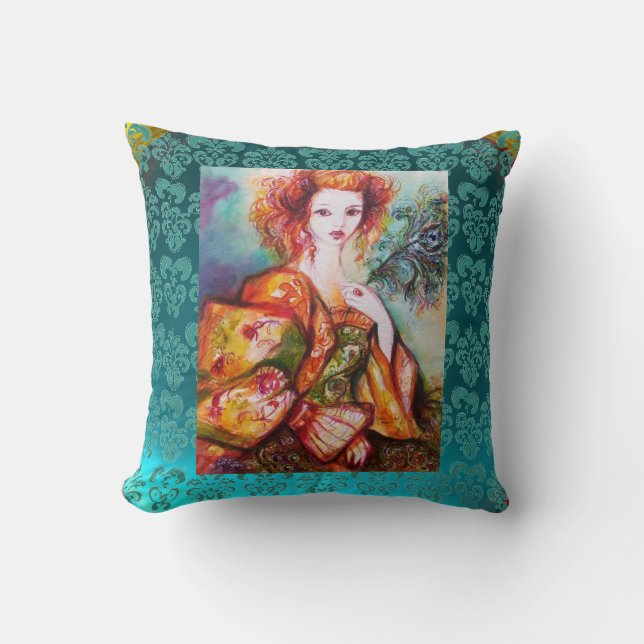 ROMANTIC WOMAN WITH SPARKLING PEACOCK FEATHER Teal Cushion (Front)
