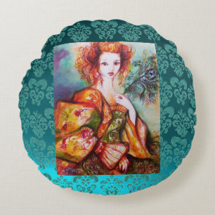 ROMANTIC WOMAN WITH SPARKLING PEACOCK FEATHER Teal Round Cushion