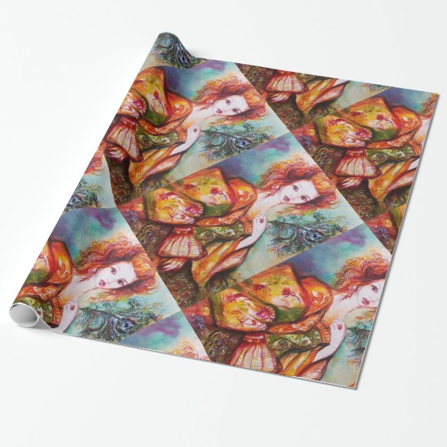 ROMANTIC WOMAN WITH SPARKLING PEACOCK FEATHER WRAPPING PAPER (Unrolled)