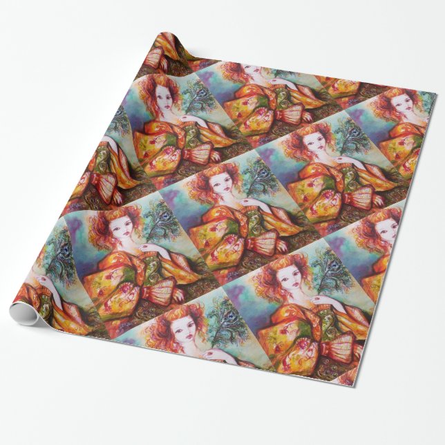 ROMANTIC WOMAN WITH SPARKLING PEACOCK FEATHER WRAPPING PAPER (Unrolled)