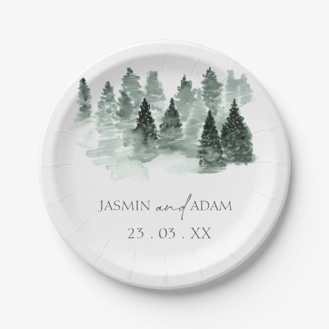 Romantic Woodland Forest Green Wedding Paper Plate (Front)