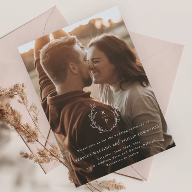 Romantic Wreath Monogram Photo Wedding Invitation (Elegant greenery wreath wedding monogram photo wedding invitations.)