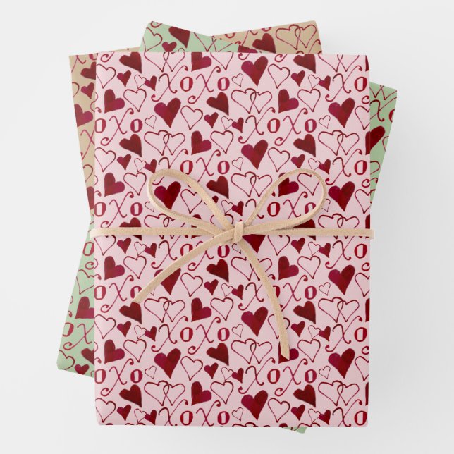 Romantic XXOO Calligraphy Hearts Valentine's Day Wrapping Paper Sheet (In situ)