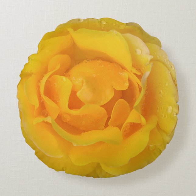 Romantic Yellow Rose Water Drops Round Cushion (Front)