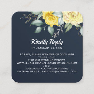 Romantic yellow watercolor roses QR code navy blue Enclosure Card