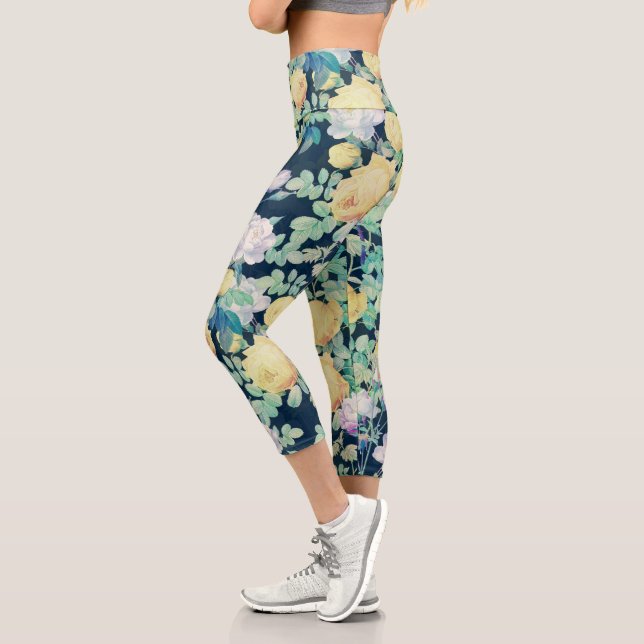 Romantic Yellow White roses floral Blue Design Capri Leggings (Left)