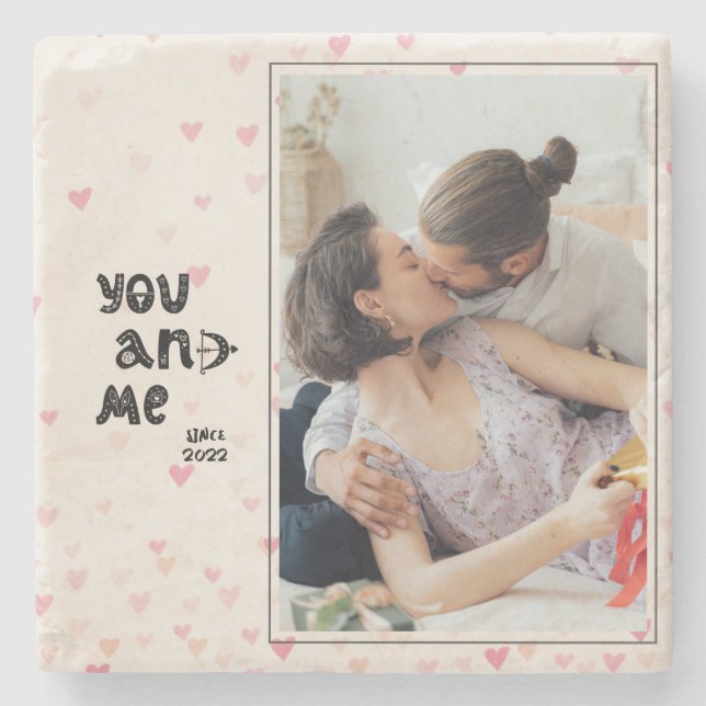 Romantic You and Me Hearts Photo Stone Coaster (Front)