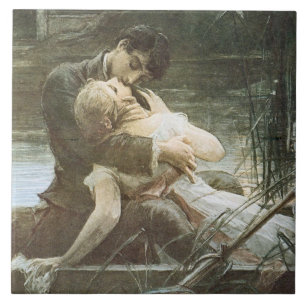 Romantic Young Couple in Love (Kissing in a Boat) Tile