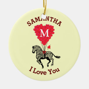 Romantic zebra and red heart personalised ceramic tree decoration