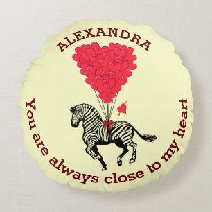 Romantic zebra and red heart personalised round cushion