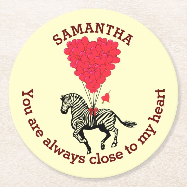 Romantic zebra and red heart personalised round paper coaster (Front)