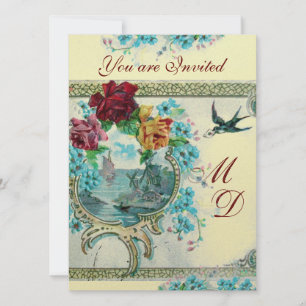 ROMANTİCA 3 ELEGANT GOLD BLUE WEDDING MONOGRAM INVITATION