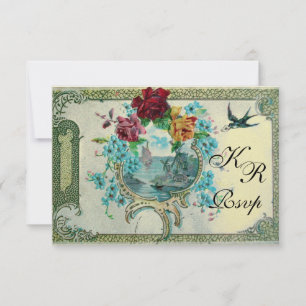 ROMANTİCA 3 FLORAL WEDDING MONOGRAM RSVP,metallic RSVP Card
