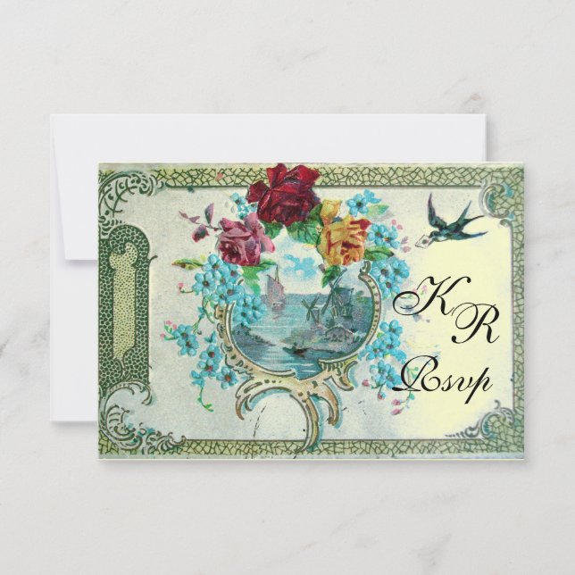 ROMANTİCA 3 FLORAL WEDDING MONOGRAM RSVP,metallic RSVP Card (Front)