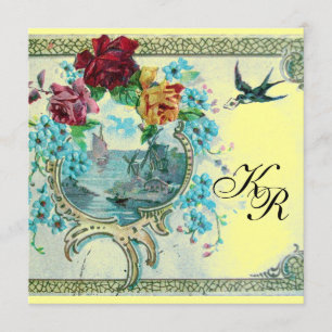ROMANTİCA 3 MONOGRAM ,Blue Yellow Wedding Announcement