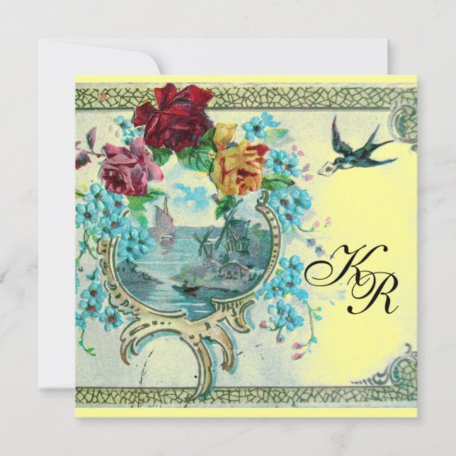 ROMANTİCA 3 MONOGRAM ,Blue Yellow Wedding Announcement (Front)