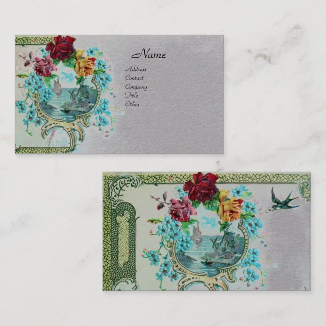 ROMANTICA Antique Flowers Roses,Floral Grey Paper Business Card (Front/Back)