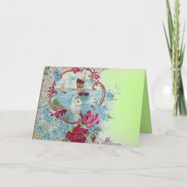 ROMANTICA,BLUE GREEN PINK FLORAL ROSES WITH DOVE HOLIDAY CARD (Front)