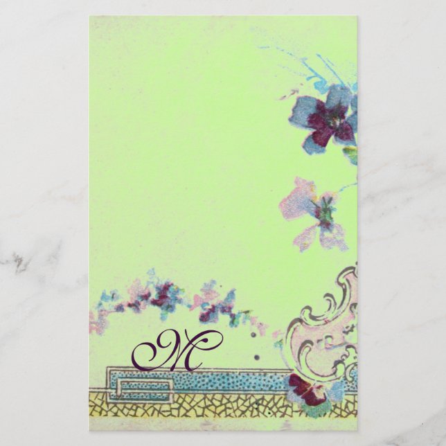 ROMANTİCA Blue Green Pink Wedding Floral Monogram Stationery (Front)