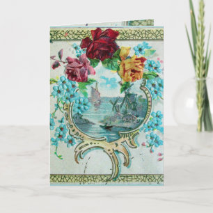ROMANTICA,BLUE PINK FLORAL ROSES WITH SWALLOW HOLIDAY CARD