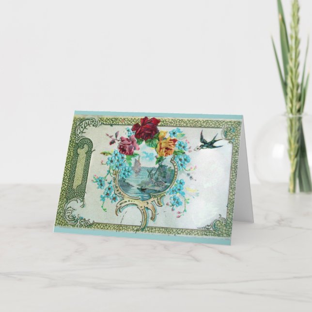 ROMANTICA,BLUE PINK FLORAL ROSES WITH SWALLOW HOLIDAY CARD (Front)