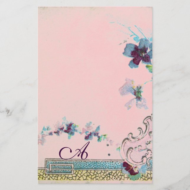 ROMANTİCA Blue Pink Wedding Floral Monogram Stationery (Front)