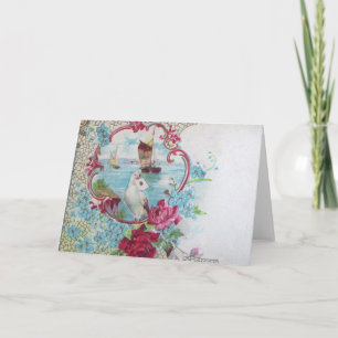 ROMANTICA,BLUE RED PINK FLORAL ROSES WHITE DOVE HOLIDAY CARD