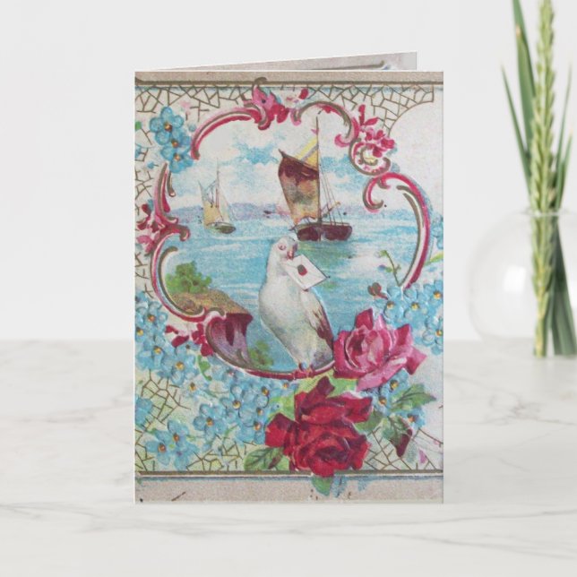 ROMANTICA,BLUE RED PINK FLORAL ROSES WHITE DOVE HOLIDAY CARD (Front)