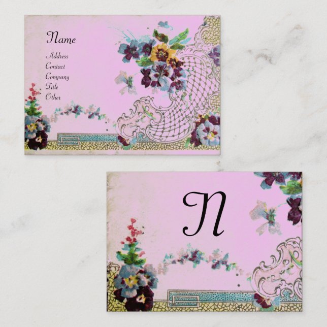 ROMANTICA Elegant Floral Basket,Pansies Monogram Business Card (Front/Back)