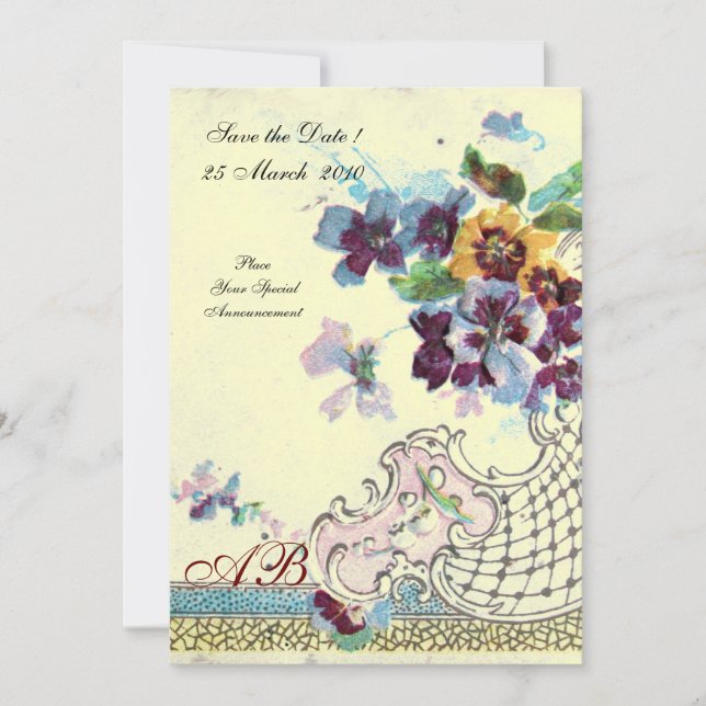 ROMANTICA Floral Blue Pink Cream Wedding Monogram Invitation (Front)