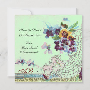 ROMANTICA Floral Blue Pink Green Wedding Monogram Invitation