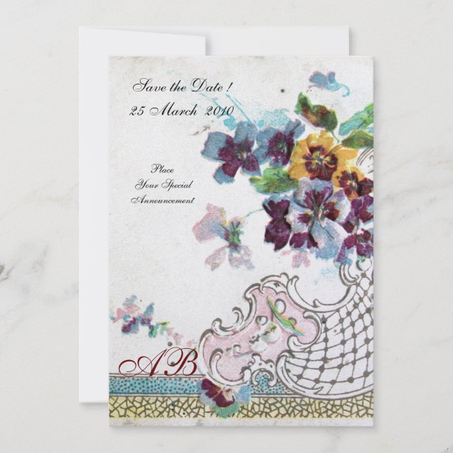 ROMANTICA Floral Blue Pink White Wedding Pansies Invitation (Front)