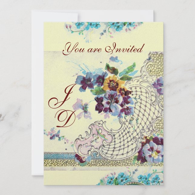 ROMANTICA Floral Blue Pink White Wedding Pansies Invitation (Front)