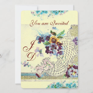 ROMANTICA Floral Blue Pink White Wedding Pansies Invitation