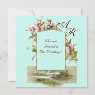 ROMANTİCA MONOGRAM /CYCLAMENS,pink green blue Invitation