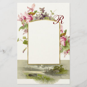 ROMANTİCA MONOGRAM / CYCLAMENS,pink green cream Stationery
