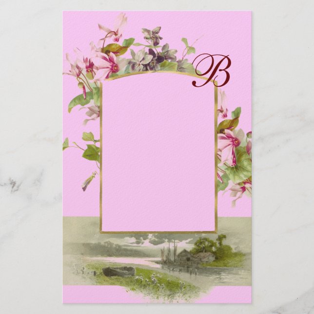ROMANTİCA MONOGRAM / CYCLAMENS,pink green Stationery (Front)