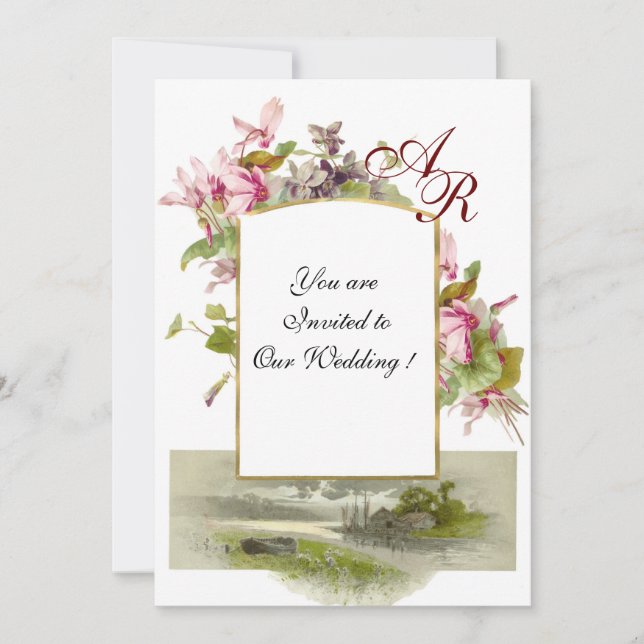 ROMANTİCA MONOGRAM /CYCLAMENS,pink green white Invitation (Front)
