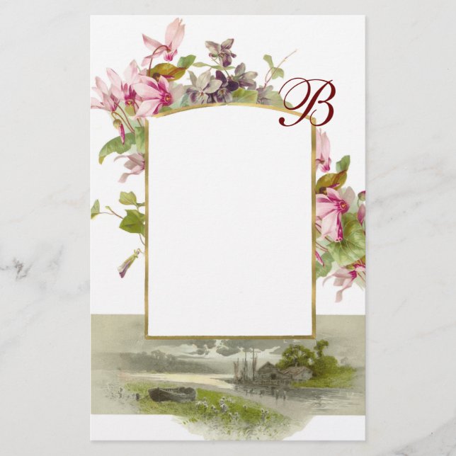 ROMANTİCA MONOGRAM / CYCLAMENS,pink green white Stationery (Front)
