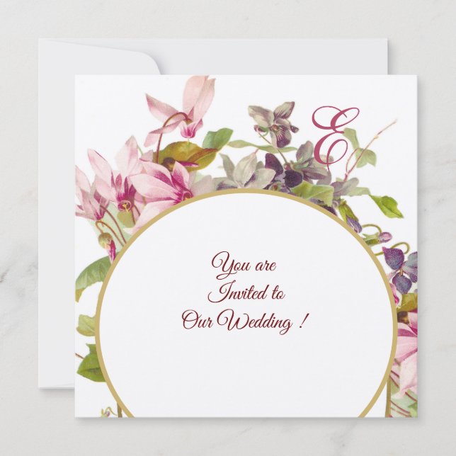 ROMANTİCA MONOGRAM ,PINK CYCLAMENS,  Floral Invitation (Front)