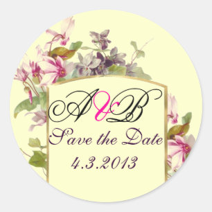 ROMANTİCA MONOGRAM / PINK CYCLAMENS SAVE THE DATE CLASSIC ROUND STICKER