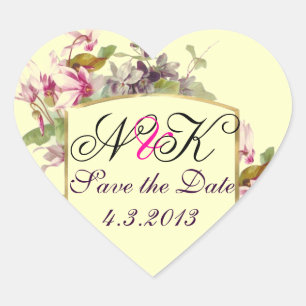 ROMANTİCA MONOGRAM / PINK CYCLAMENS SAVE THE DATE HEART STICKER